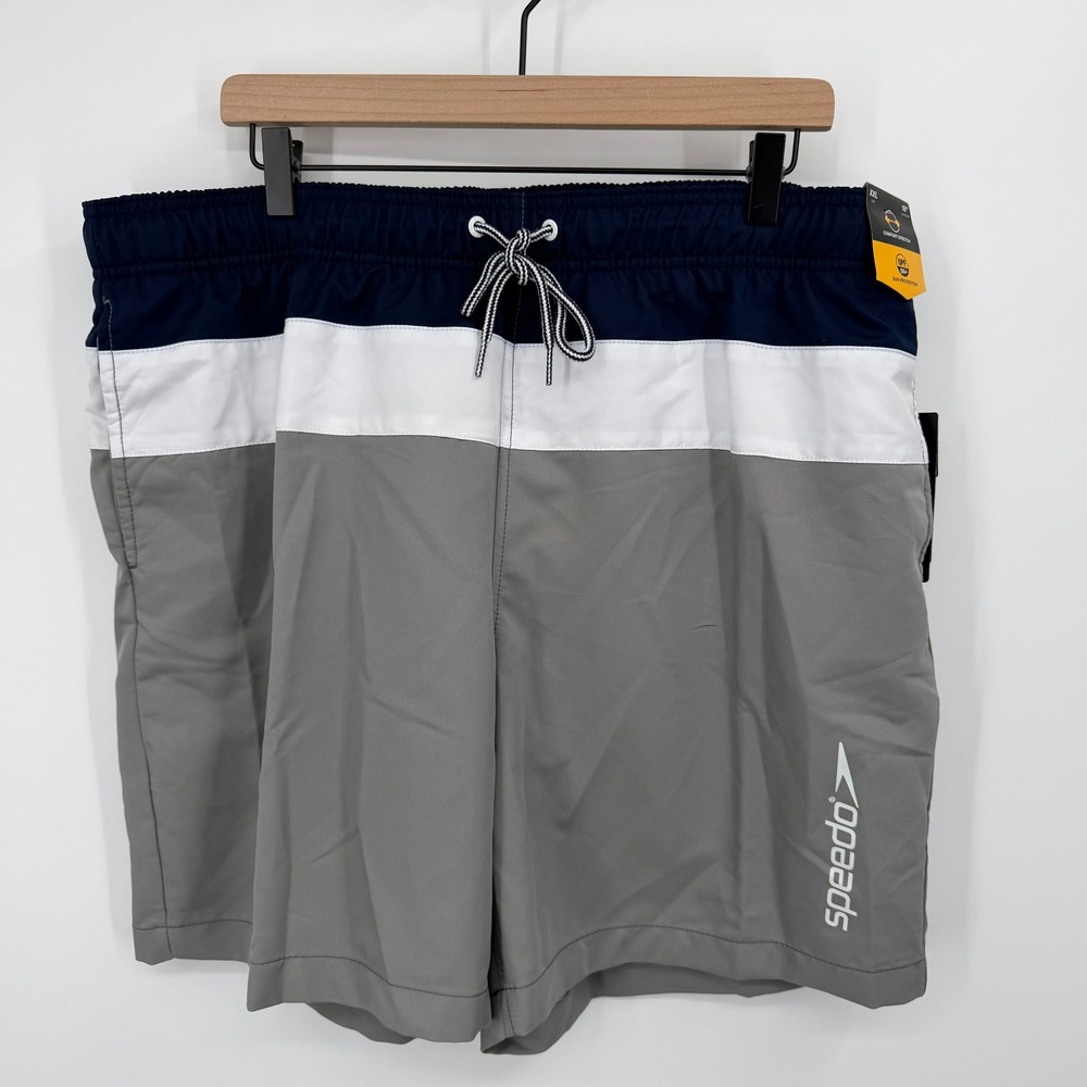 Speedo Swim Trunks Mens XXL Blue White Colorblock Comfort Stretch UPF 50+